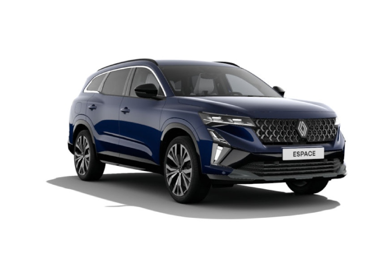 Donkerblauwe SUV op witte achtergrond, vooraanzicht.